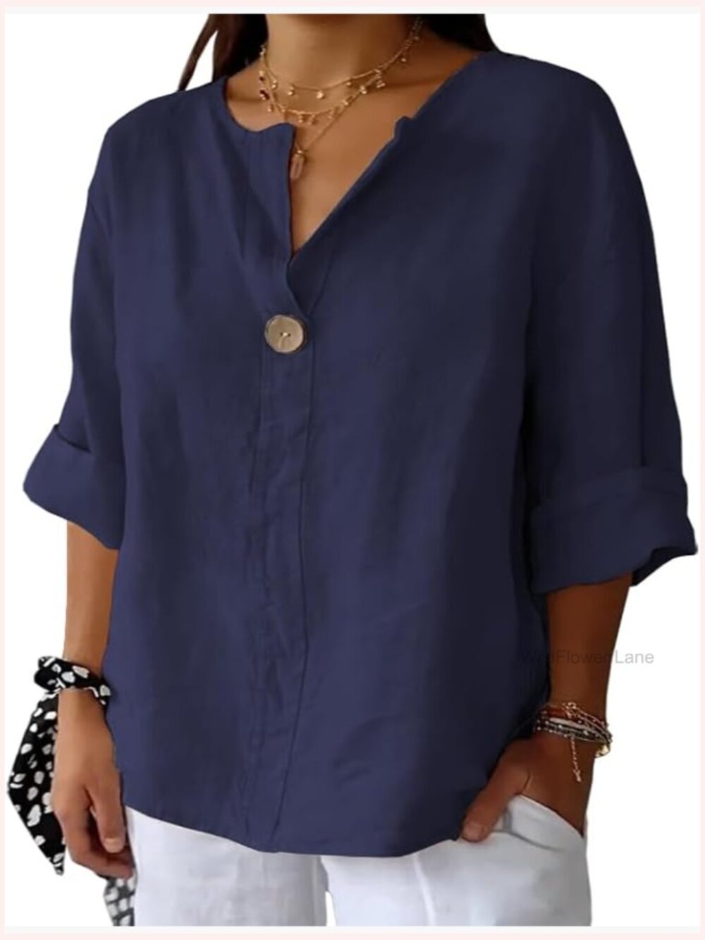 Plus Size 3/4 Sleeve Linen Cotton V Neck Button Tunic Blouse Loose Fit